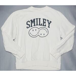 H&M Sweatshirt Small Men Smiley Relaxed Fit Crewneck Printed Cream White Top S